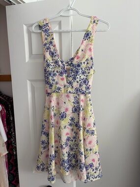Showpo Cream Mini Dress with Blue and Pink Floral Print